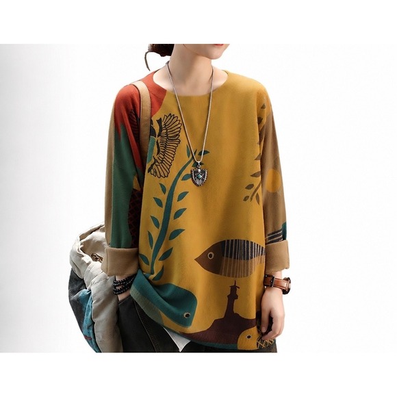 Unbranded Sweaters - Oversized Graphic Wool Blend Sweater XL Fish Nature Art To Wear Eclectic Artsy